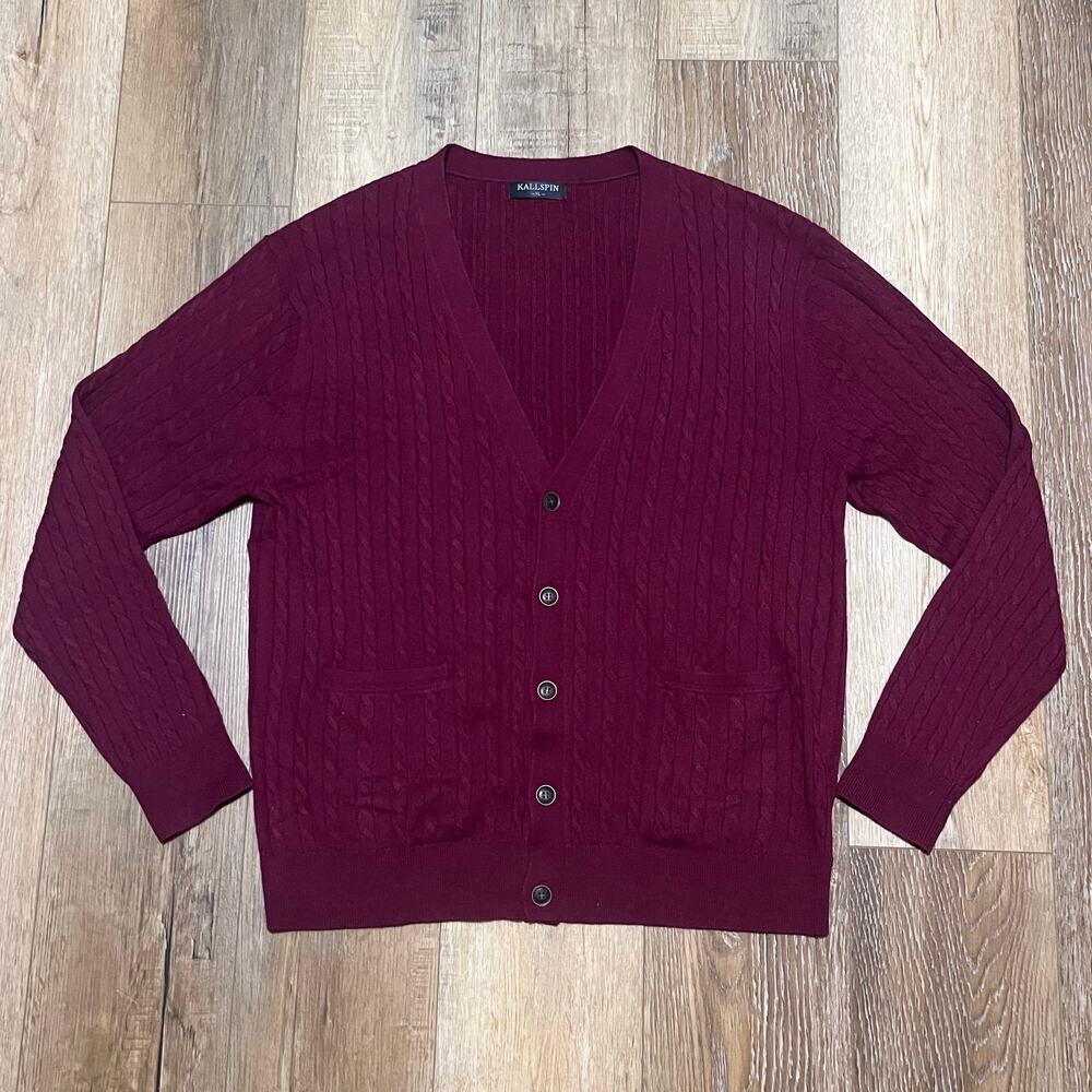 Kallspin Wool Blend Cable Knit Cardigan Sweater XL V-Neck Maroon Grandpa Preppy - Picture 2 of 9